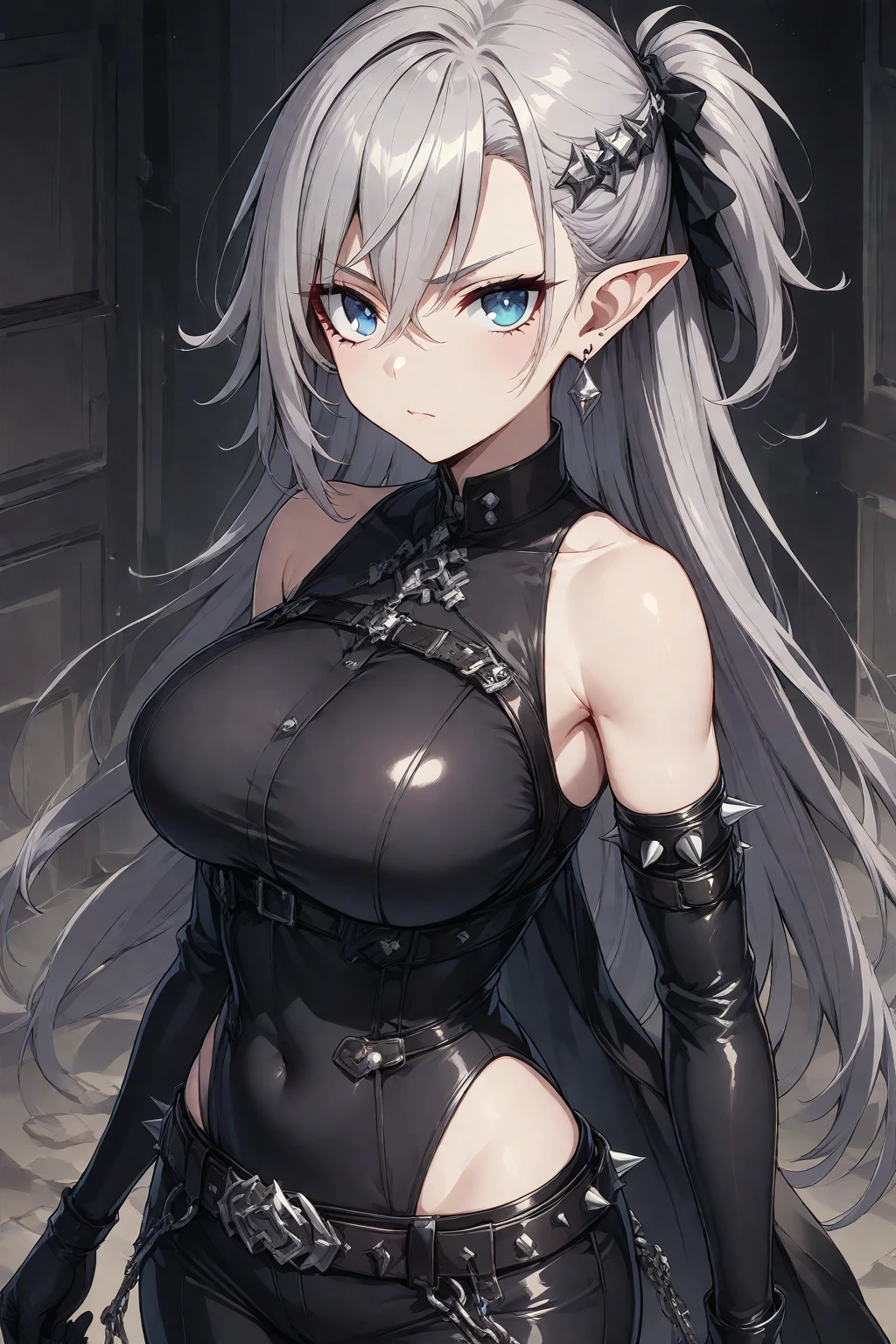 [white color:Blue:0.65] theme，杰作，to stand，A masterpiece of a mature woman，Detailed visual art，（Detailed eyes：1.3），Blue eyes，Long silver hair，eyeshadows，Elf ears，fcollarbone，Royal Queen，elegantly，White corset underwear，naked shoulders, Big tits:1.3, opening crotch, Thigh seams, groin, Long boots，[NSFW|Uncensored], (background simple:1.1) , Low wing,The whole body