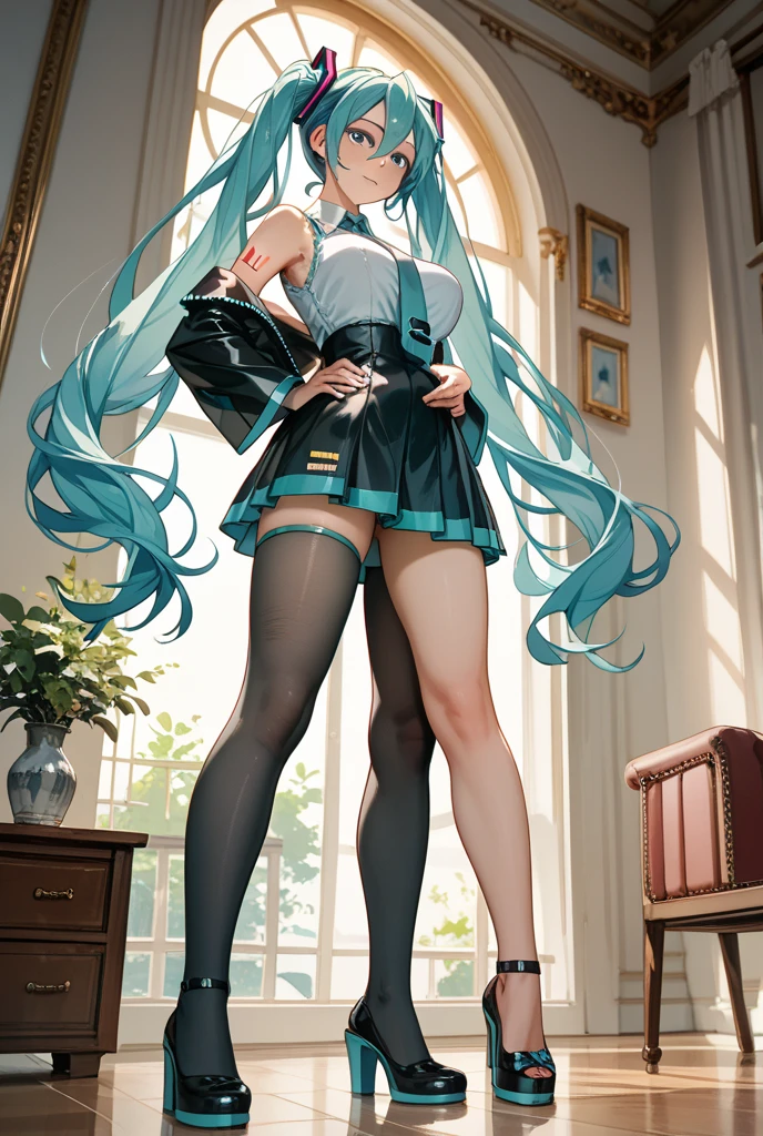 yellow long hair,Mesh hip skirt,Blue pantyhose,blue stocking,black thigh boots,sit on chair