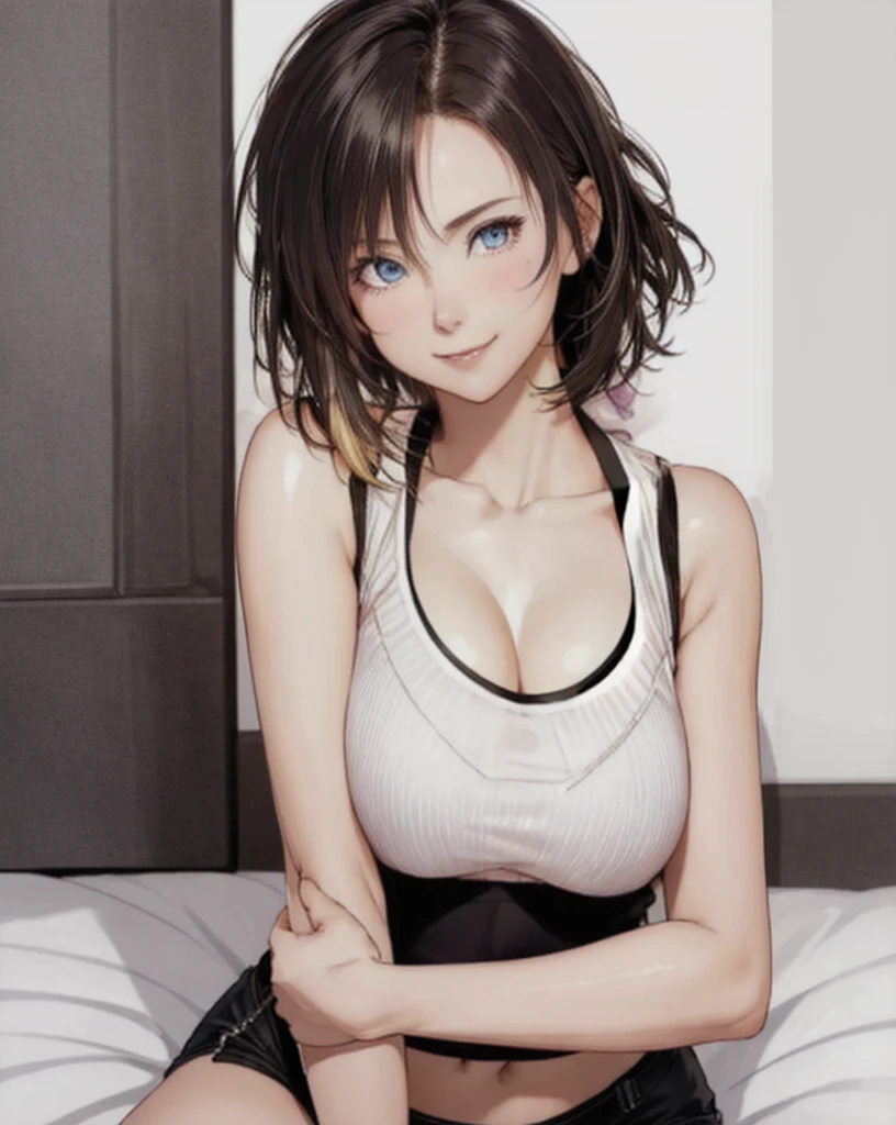 Close-up of a woman with short brown hair, blue eyed woman, bob cut, classic women, big breasts, had very large breasts, Made at Anime Painter Studio, Tits, clothing:black tank top, women romance, anime style, muscular woman, skin tight tank top, feminine and muscular, tall, high school girl, adult sex appeal, wore a tight skirt, anime ????!!!!, tanktop with an black, bare shoulders, bare arms,
