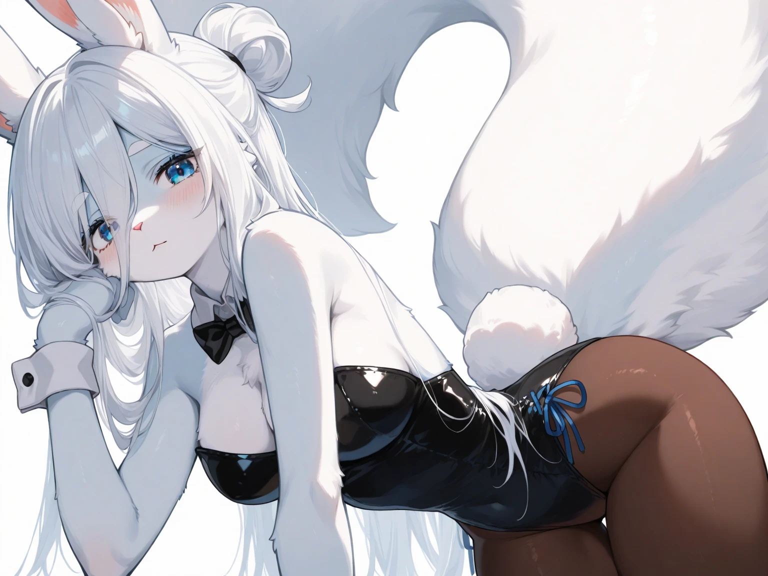 A 2 man with wolf ears with long white hair with a slender body wearing a shirt and pants and with blue eyes and in a revealing position lying down Anime version
