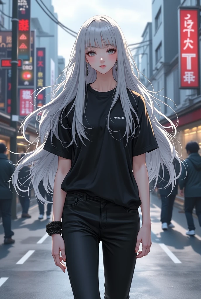 1 girl, white hair, long hair, white t-shirt, 