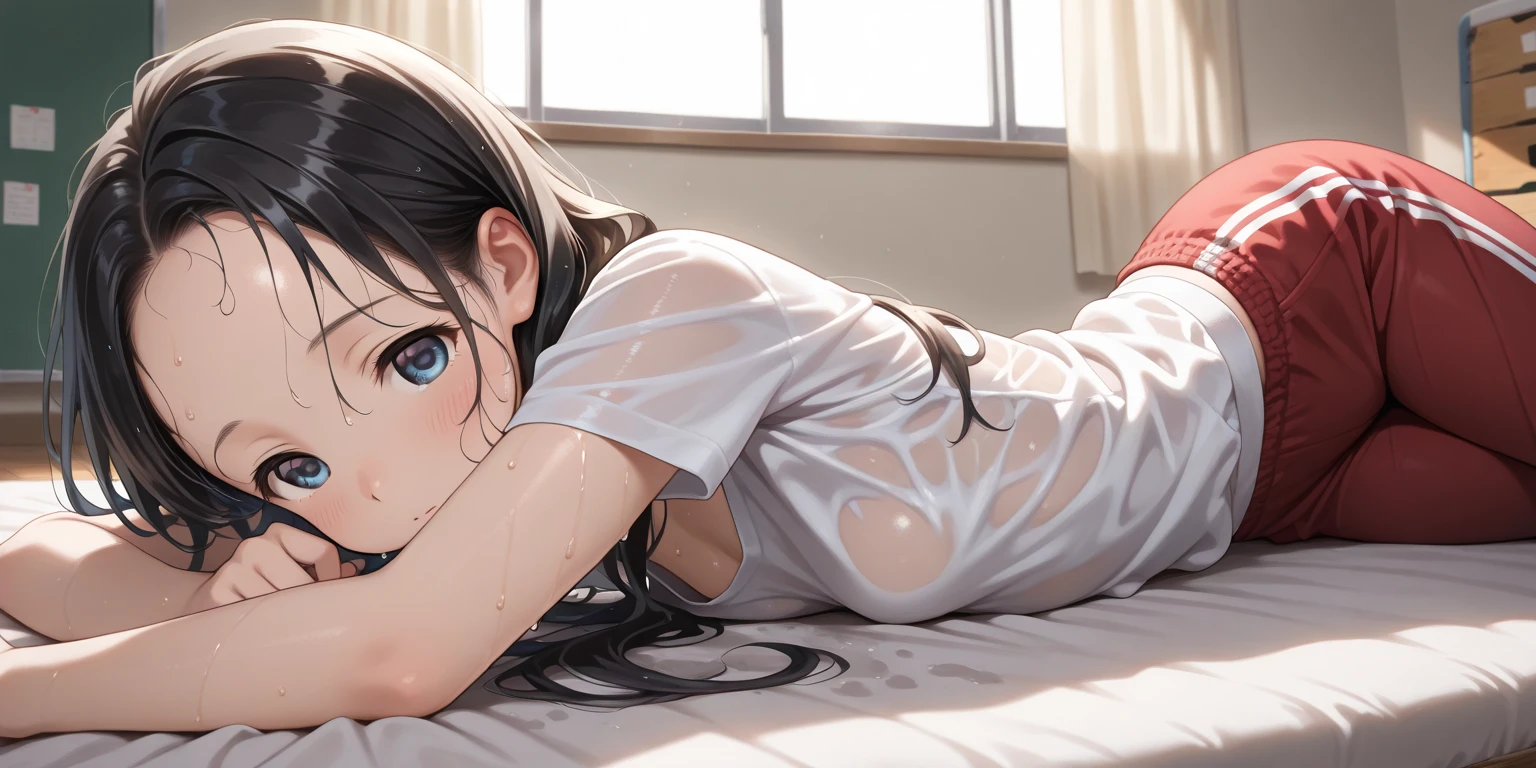 A very cute girl is naked and shyly lying on her bed looking at me.。
