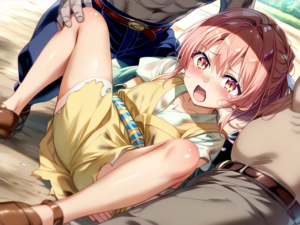 highest quality、complete limbs、Beautiful woman、solo、((brown haired woman:1.4))、short hair woman、((big breasted woman:1.3))、((Woman wearing ripped pink pajama top:1.5))、(((Woman in pink panties)))、dark bedroom、woman lying on bed、night、nsfw:1.5、((A woman surrounded by five naked men))、men hugging women、(men and women having sex:1.5)、((A man slides the crotch of his swimsuit and inserts his penis into a woman's pussy.:1.3))、(((The woman is crying out in pleasure)))、((A woman panting with acme:1.3))、insult、gang rape、rape、((The woman's body is covered in semen:1.3))、Semen is pouring into a woman's、(((violence:1.5)))、(((Men are rubbing women's breasts:1.5)))