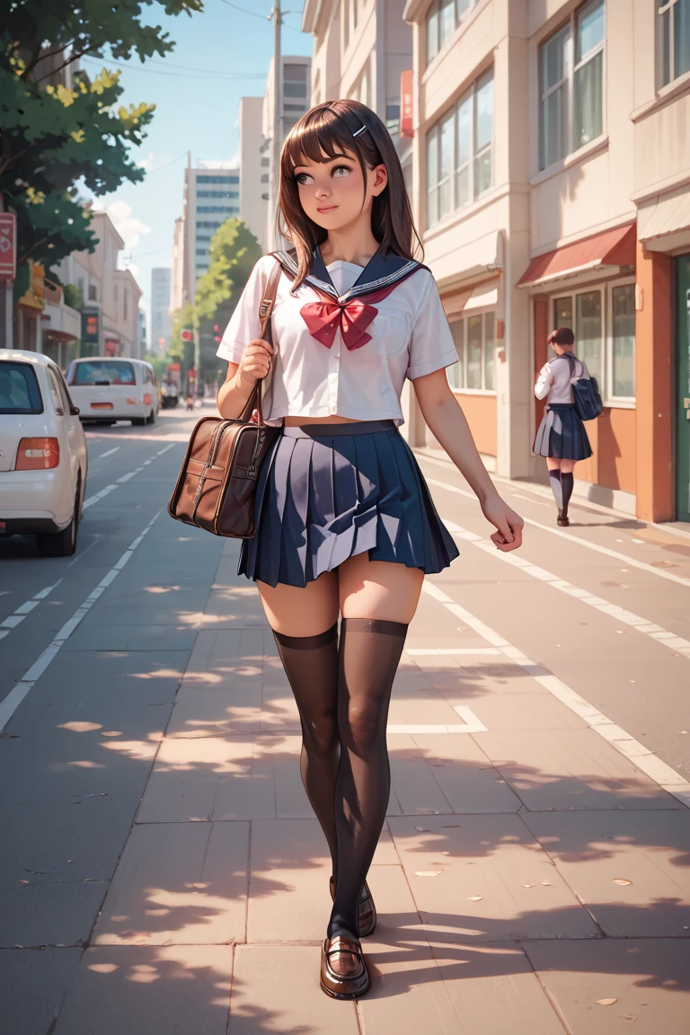 (((masterpiece, Highest quality, High resolution, 超High resolution, Perfect Pixel, Depth of written boundary, 4K, RTTX 10.0))), Beautiful Anime Woman, Beautiful art style, Anime characters, ((Smooth texture, Realistic texture, Anime CG Style)), Exact finger count、Exact number of legs、(Exact number of arms:1.0, Exact number of hands:1.0), (Perfect hands, Perfect Anatomy), Cinematic, Realistic, Extremely detailed CG, Daytime lighting, Perfect lighting, Best Shadow, The best natural light, whole body, Perfect body, (Slender body:1.2), ((Long Hair, bangs, Dark brown hair, Bobcut)), (Detailed face, Beautiful Face, Beautiful eyelashes), (An adult woman is walking next to me., Lift up your skirt with your hands.:1.4), (Fashionable white shirt, Sailor collar, Navy blue knee socks, loafers, Navy pleated mini skirt:1.3)、Angle from the front, ((Stylish shiny satin panties, Side-tie panties, Light blue panties, black lace trim:1.3)), (Beautiful big , The chest area of the shirt is tight:1.1), (Beautiful and thin thighs:1.3), Feeling embarrassed, (blush:1.2), (Very embarrassed look:1.4), A very patient expression, (City hustle and bustle, Buildings on the background, Sidewalk, Intersection in the background, Akihabara-like streetscape, Many people dressed in clothes in the background々:1.4)