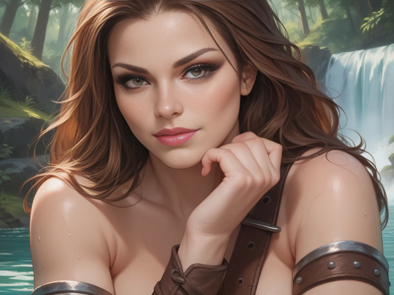 lucy pinder, portrait, smiling, sexy, neckline, sword in the hand, sexy, princess xena
