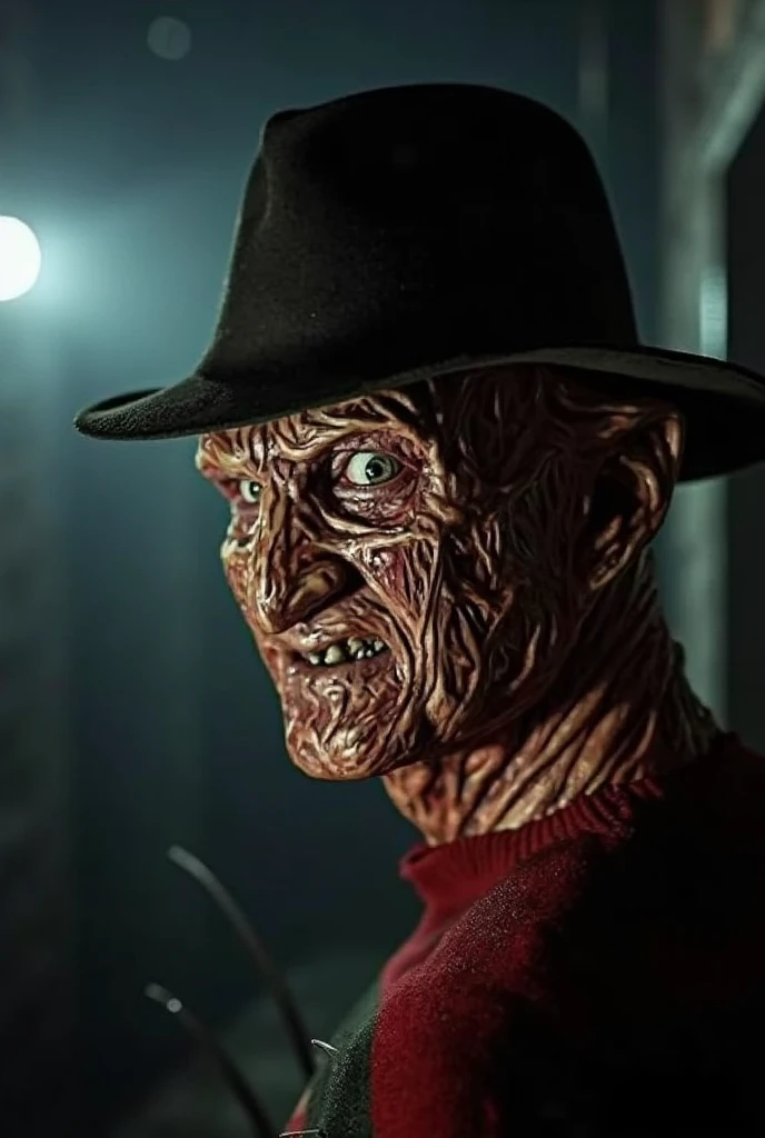 Describe a Freddy Krueger con su atuendo original., (con sus guantes de afeitar en sus cinco dedos, stalking a woman in a creepy abandoned factory. (Calidad premium, 8K, 32k, Obra maestra, nffsw:1.3), (Ultra High Definition) , (fotorrealista:1.4), raw photography, ojos perfectos, figura perfecta, action pose:1.2, Super detailed and realistic lights. Su sombrero de ala ancha proyecta una sombra siniestra sobre su rostro quemado y desfigurado., mientras las afiladas hojas los dedos de hierro de sus dedos brillan con una luz siniestra. The air is thick with tension and palpable fear....., mientras Freddy se queda con una sonrisa malvada, Ready to stalk his next victim in the dark....