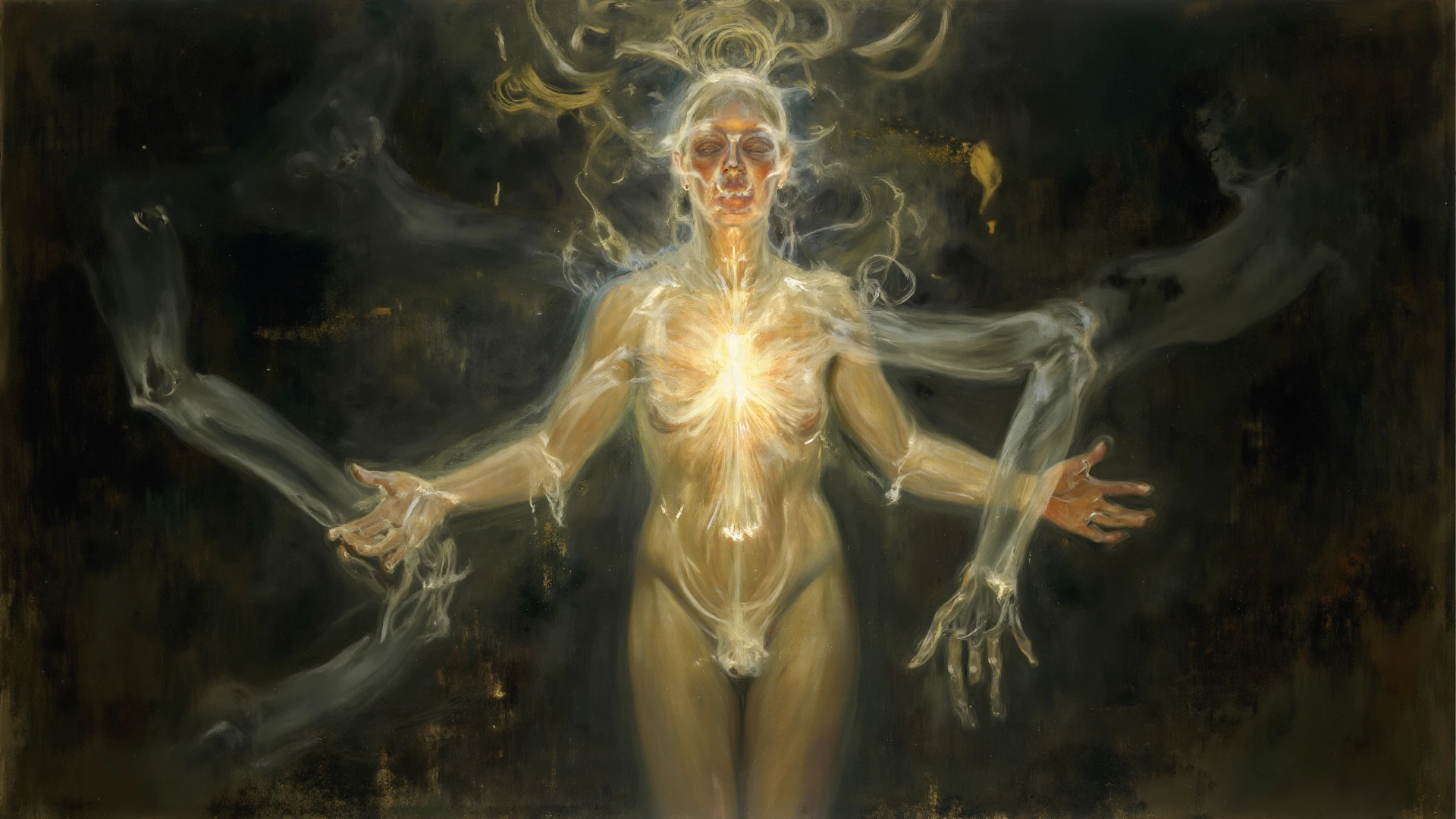 A human figure enveloped in a kind of purifying light that seems to come away from the dark layers that surround it, symbolizing the "Purification of Personality" and the "destruction of emotions" false.