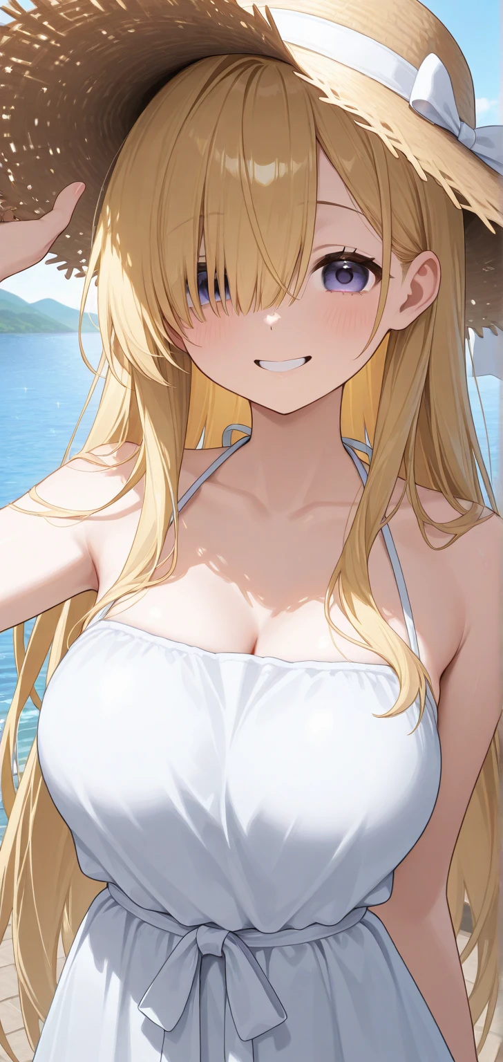 Girl, Big Breasts, Blonde, Long hair, White bikini, Smile, Ocean, Front view, Upper Body,