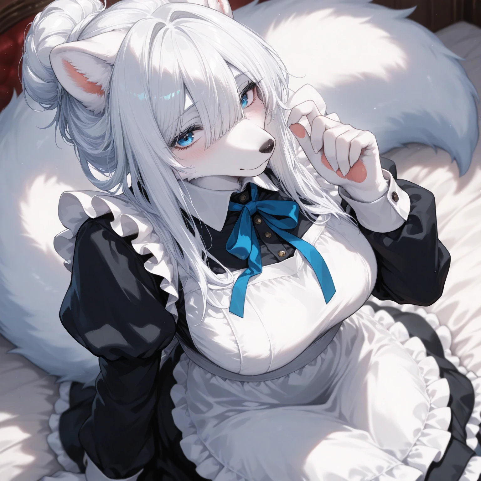 cat ears, long white hair, red eyes, ridiculously large breasts, bare breasts, light nipples, maid, room.