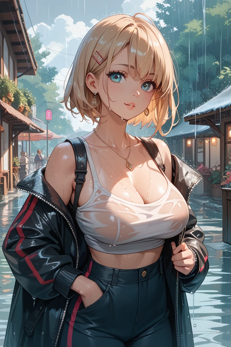 (photorealistic:1.8, highest quality:1.8,8K masterpiece:1.8,High resolution,muste piece:1.8,RAW Photos,cinematic lighting),
cyber punk、Back alley at night in the city、rain-soaked ground、vapor、
1 girl、Misaka Mikoto、succubus、half coat、Completely naked、light clothing、choker、
(short Hair:1.2,beautiful shining blonde hair:1.5)、shining blue eyes、
Provocative sexy poses、spread your legs、Nonchalant、
(elation:1.4)plump nipples、(cameltoe),No split screen,slender abs:1.2,(Young sensual gravure idol)