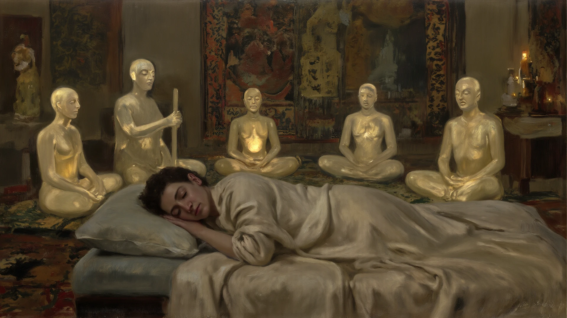 there is a statue of a person laying on a bed, an exhausted deity, samsara, alex gross, buddhism, inspired by Mati Klarwein, vibrant art, peter driben, the buddha, in a temple, by Mati Klarwein, floating in a powerful zen state, highly conceptual figurative art, buddhist monk meditating, david la chapelle, buddhist monk