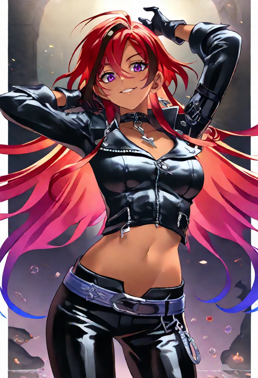 best qualityer，tmasterpiece，Ultimate resolution，downy，Extremely colorful，Colorful，Dragon beauty，Mature face shape，Long red and blue hair，blue color eyes，（Long red and blue hair），Redlip，Long messy hair，A pair of dragon horns，A pair of dragon wings，a matural female，Crop topping，Superskirt，The kinky is exposed，Sanctuary，Skysky，Normal posture