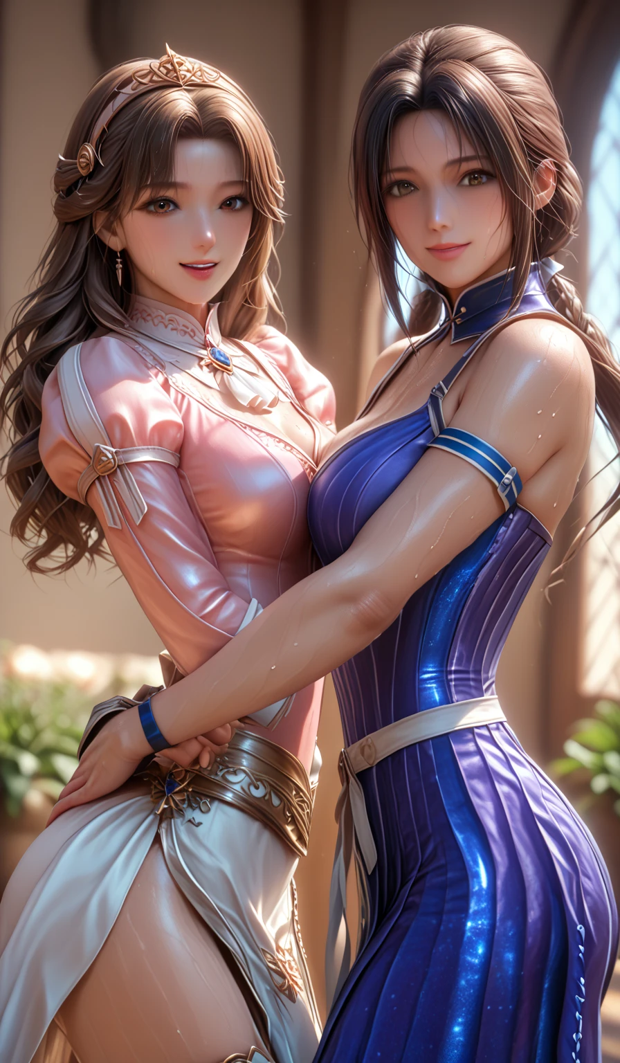 (2 beautiful teenage Italian girls:1.6), intimate friends, (They are holding each other:1.2), kissing her cheek or breast,(Detailed iridescent bodysuit with beautiful fractal or marble design:1.5), (Beautiful and d delicate ruby, topaz, emerald and sapphire jewelry:1.6), Complex and colorful biomechanical bodysuit, Zentangle, mandalas, Entangled, Vulgarity, beautiful breast, (Open legs:1.4), obscenity, (Lewd smile:1.2), coarse, Obscene, mean, (raunchy:1.2), (Immoral:1.2), Lachish, (small breasts with beautiful raised pink areolas:1.5), (Cameltoe), (Expression of ecstasy:1.2), Photorealistic, Official art, Unity 8k wallpaper, 8K Portrait, Best Quality, Very high resolution, (Incredibly beautiful nature background:1.6), One girl, One incredibly beautiful teenage italian girl, (18 years old:1.5), (amazingly sexy and glamorous:1.1), (A coquettish expression:1.6), (seductively smiling:1.6), (Full body), (erotic posing on the bed:1.5), Beautiful seductive face, Portrait, (Thick eyebrows:1.2), (Big purple eyes:1.2), Beautiful eyes with fine symmetry, (Ultra detailed eyes:1.4), (High resolution eyes:1.1), Intimate face, (ultra detailed skin texture:1.4), White skin, pale skin, Perfect Anatomy, Thin, (Beautiful toned body:1.1), Hair Bow, (Moist skin:1.1), full of sweat, No makeup, dark circles, Good anatomy, Focus Face, good-looking, (Emilia Clark:0.6) (Emma watson:0.3),(Jennifer Connelly:0.4), (sensual face:1.5), Elegant face, Nice, Dolce, Cyberpunk Sci-Fi, (Gauntlets with intricate and beautiful designs:1.2), Blurred background, Blurred foreground, depth of fields, (Motion Blur:1.1), (Small breasts:1.2), Sheer breast, (beautiful boob:1.2), (NSFW:1.4), large hips, drivel, Juice stain, grabbing on breasts, (Slim and toned body:1.5), (Low-cut punk medieval armor:1.2), (Bright chrome gold lingerie with sharp reflections:1.2) (Pedras preciosas:1.2),