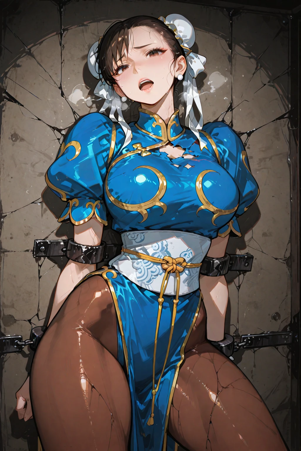 best quality, extremely detailed CG, master piece, high resolution, 4K, subsurface scattering, anime, NSFW, gore, violence, pillory, vomitting, female, black hair, sf2 chun, torn clothes, (torn clothes), hair buns, covered buns, chinese dress, qipao, blue outfit, spiked bracelets, puffy sleeves, brown pantyhose, white belt, white boots, feel exhaust after torture, (wounds on body and face:1), bumped on her forehead, blood splattered, beaten face, (((swollen nose and cheek))), (((eye swollen almost shut:1.5))), wounds on body, bitting wounds on face, scratch on face and body, injury, abused, bump, teardrop,crying, nosebreed, drooling, vomit, punishment, prison, large breast, force one to kneel