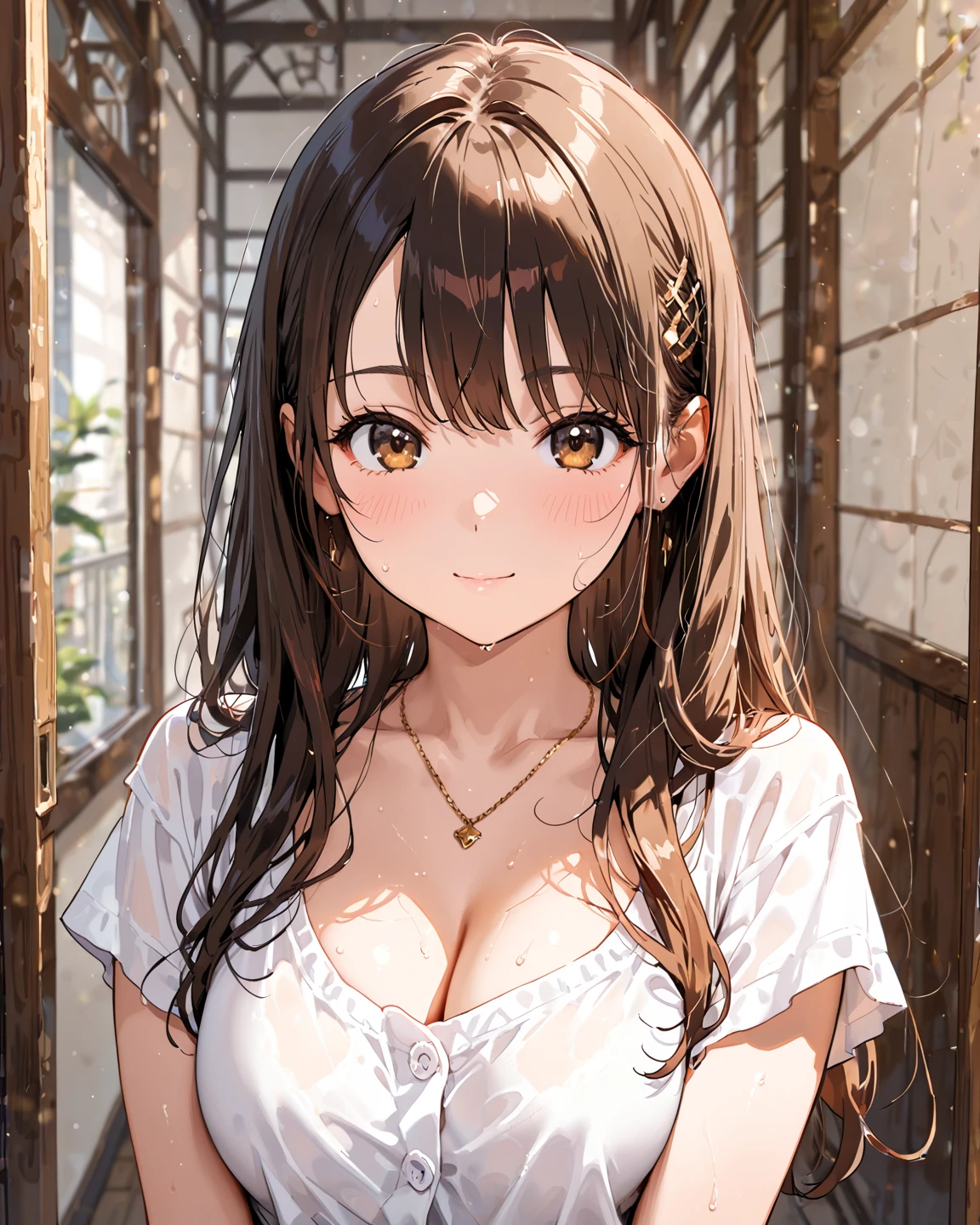 (Tabletop, highest quality, High resolution, , Pixel Perfect, 4K,), 1 girl, single, alone, Beautiful woman、I could see the whole body、 ((Wavy mid-length hair, bangs, Brown Hair)), ((Brown eyes, Beautiful eyelashes, Realistic eyes)), ((Detailed face, blush:1.2)), ((Smooth texture:0.75, Realistic texture:0.65, Realistic:1.1, Anime CG Style)), Center of chest, Dynamic Angle, Perfect body, ((, female teacher, , Earrings、necklace、Light beige open neck sweater、Long flared skirt in dark blue、Black knee-high stockings、、A shy smile、Put your hands behind your back、Leaning forward、)), look up、、(、、、Angle from below)、