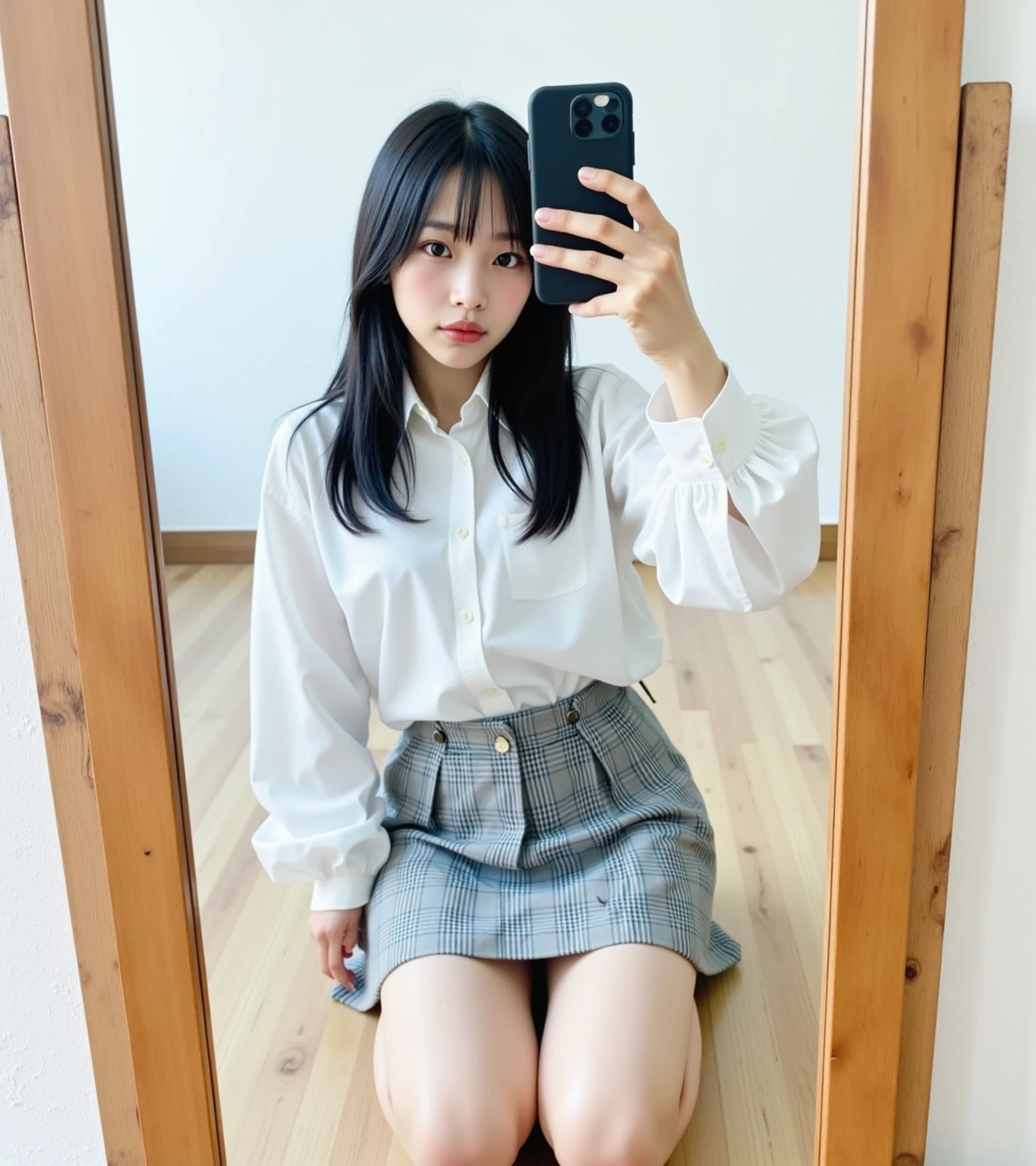 (((photo realistic))),((raw photo)),pixie cut hair,white long sleeve T-shirt,(school uniform skirt),analog rough photo of a Beautiful 14 year old Japanese female,(in the simple room),((flat chest)),((almond eyes)),highly detailed face,close legs,selfie from below, A photo with very low contrast,blurry background,closed legs,kneeling