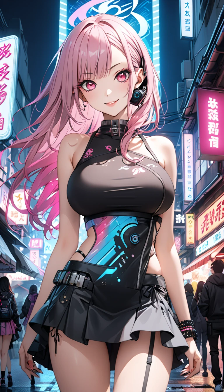 close up, 1 girl, Solitary, [dark Blue and pink hair: Blue and pink hair:0.2], Cyberpunk, high tech, exist, Mechanical Parts, looking at the audience, Black eyes, long hair, Luminous laser super technology jumpsuit for women, Cyberpunk mechanical body parts, Have a tattoo, Internal, Luminous laser earrings. High contrast, night, Black, [freckle:0.9], Reflective transparent rainbow, long hair, breast, The most beautiful Korean woman face with white skin, Expression, (relaxed poses: 1.5), Ethylene-ethylene copolymer, Complex background, Sony A6300, Extremely beautiful and gorgeous anime illustrations, From a movie perspective，(relaxed poses: 1. 5), Ethylene-ethylene copolymer, Complex background, Sony A6300, Extremely beautiful and gorgeous anime illustrations with a cinematic perspective.（（非常大的breast））Moist skin