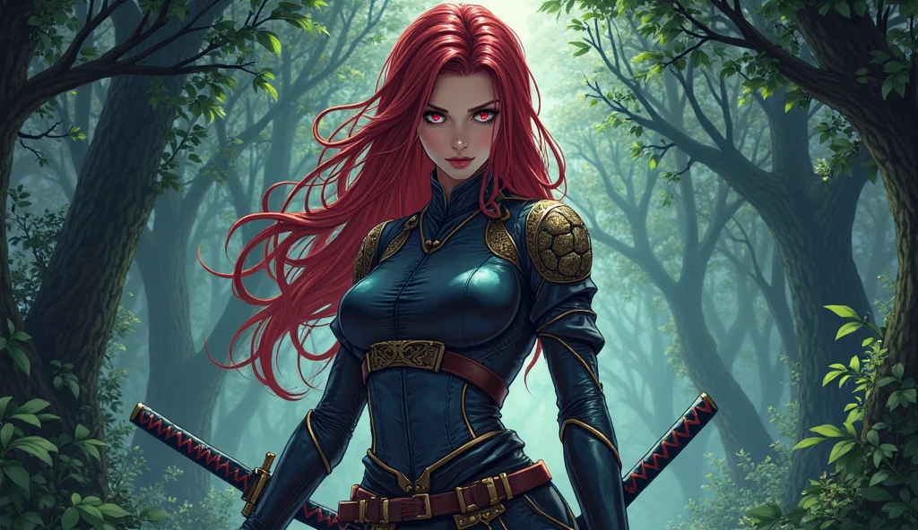(full body photo, standing, feet on the ground), Sara has large breasts, (black with golden parts/ninja costume/mini capus on the head/extremely tight on the body/ninja mask on the face, ninja emblem on the breast), tattoos on the body, blood on the clothing, ninja weapons, closed fists, in battle position, is in a macabre temple at night raining hard with clouds in the sky and thunder,  her hair and clothes are soaked, she has ((long red hair, blue eyes)), ninja weapons, anime, reflection light, 16k, best quality, high details, anatomically correct, UHD, masterpiece, ccurate