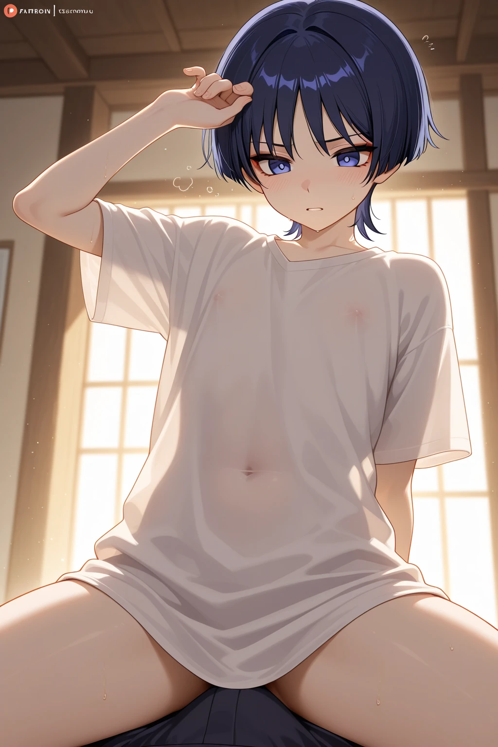 Highest quality、Realistic、zoom、juvenile、cute、Grey Eyes、Black Hair、short hair、Upper body naked、Light blue briefs、Bedroom、Cowboy Shot
