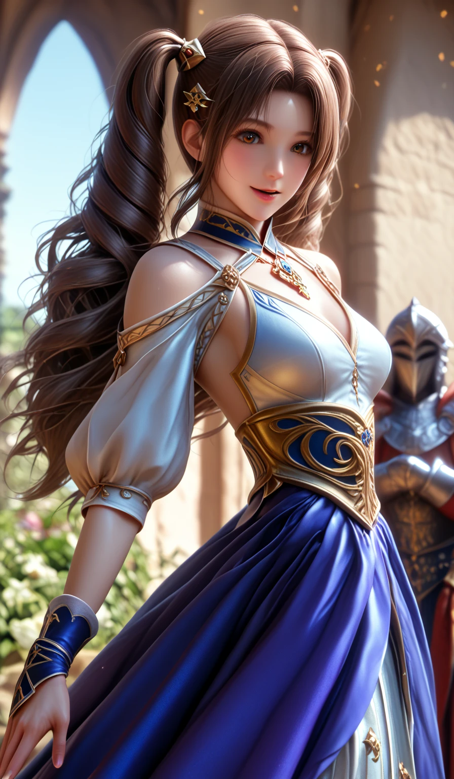 Very beautiful woman、Slender women、(Detailed face)、Realistic Skin、((Holy Knight)), ((Gold and navy blue platinum armor))、((((Extremely detailed and intricately decorated armor:1.1))))、((Delicate photo)),(Girl Astepeace RAW Photo Details:1.25), (Highest quality:1.6), (Ultra-high resolution:1.5), (Realistic:1.75), 8K resolution, Canon EOS R5, 50mm, Absurd, Very detailed,Cinema Lighting,((Fightfield))、((Fight))、(((Ultra micro mini skirt with white lace embellishment)))、Polka dot panties,High leg panties:1.2,Thigh-high socks、Shingard、((Light brown hair)), {floating hair} ,Long Hair, Cape、(((Has a huge weapon)))、(In combat)、The wind is blowing、((Symmetrical armor))、(((Lead a large group of knights:1.2)))、banner、(((Battle Scenes)))、((Browsing Caution:1.2))、(((I can see her panties:1.4)))、、((Skirt lift fluttering in the wind:1.4)),In the park with a fountain view:1.9,