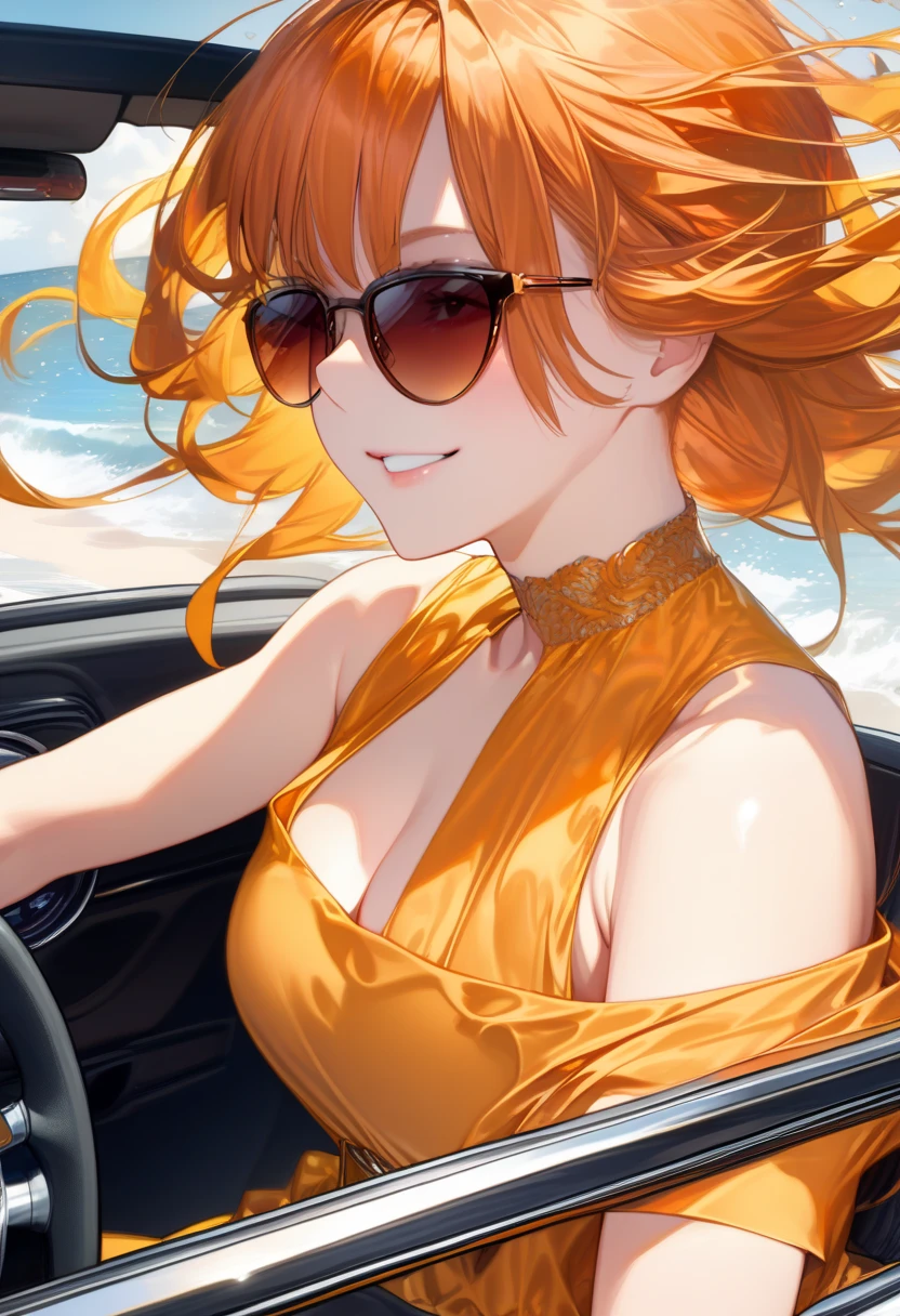 The theme is a scantily clad woman driving an open car along a seaside road.、Please draw a scene of the sun setting.。Woman wearing sunglasses、She is wearing a loose dress、The orange sea and sky spread out in the background.。