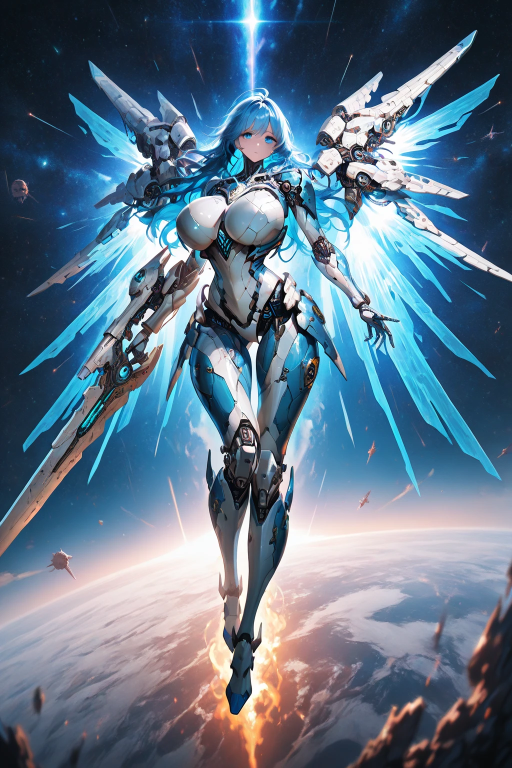 battlemech，（Blonde girl），(Huge ponytail),Glowing blue eyes，Blue Light Energy Longsword，Galactic，Mechanical and exquisite，（（Blonde Beauty））pubic detail，Mech Wings，elegent，blue mecha，Glowing blue-blue eyes，（Stocking Heels），land，Mechanical and exquisite，pubic detail，Mech Wings，elegent，The tree々，There are hands and feet，angled，angled，immensity，wind，hazy，Mecha's eyes glow blue，blue mecha，Glowing blue-blue eyes，Holding the sword of delicate light energy，Sky，Mechanical and exquisite，pubic detail，Huge Mech Wings，elegent，The tree々，There are hands and feet，angled，angled，immensity，baiyun，hazy，Mecha's eyes glow blue，pubic detail，winds of the future，sacredness，Cavalier，battlemech，Glowing blue eyes，Blue Delicate Sniper Rifle，Sky，Mechanical and exquisite，pubic detail，Huge Mech Wings，elegent，The tree々，There are hands and feet，angled，angled，immensity，baiyun，hazy，Mecha's eyes glow blue，pubic detail，winds of the future，sacredness，Cavalier，the face is clear，Face wearing mask armor，masterpaintings，best qualtiy，offcial art，the Extremely Detailed CG Unity 8K Wallpapers，brightened light，（light particules，（Illustration）（colour）goodlooking，impeccable，（（Graphic Painting）），（Heavier stroke）），（bold lines），Highest image quality，masterpaintings，Filigree，long eyeslashes，（（（silhuette））），Very detailed background，tulips，Banana leaves，Lilie，dew，Date palm flowers，Ryu，Light white off-the-shoulder dresottled sunlight，（Close-up of people），（（Super best quality））， （（A very masterpiece））， （（super detailing：1.4））， （（hyper realistic lifelike 3d））， Dragon Warrior Girl， Mechanical body， Dynamic action poses in battle scenes， Mechanical weapons of very complex and heavy fighters， Off-the-shoulder fashion that blends dense and complex steampunk with dense gothic lolita， Complex steampunk headgear， very thin long legs， Mechanical boots above the knee， Fluttering lace flared mini skirt， beautiful big breasts directed upwards，Somewhat long, Vertical curly silver hair fluttering in the wind，Countless shining large sphe