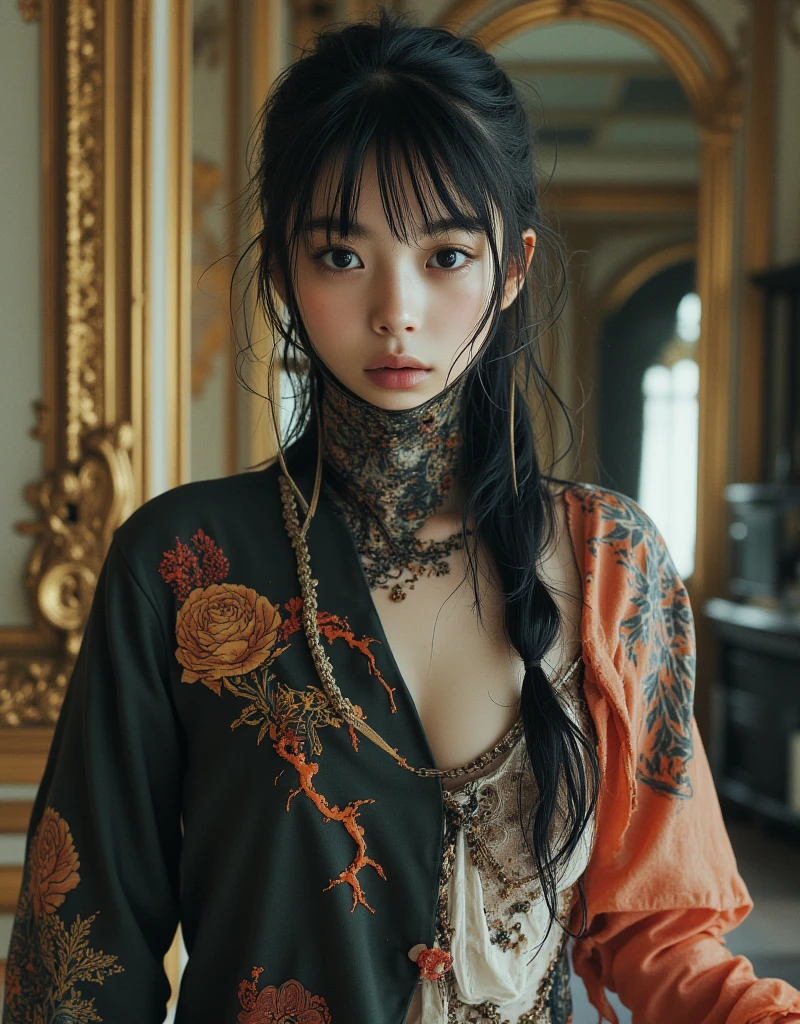 Asian woman, beautiful face, black and orange color tones, wabi-sabi art, abstract , punk collage , urbanpunk, flowerpunk, random textures, random graffiti strokes, kanji characters, surreal artwork, Impermanence