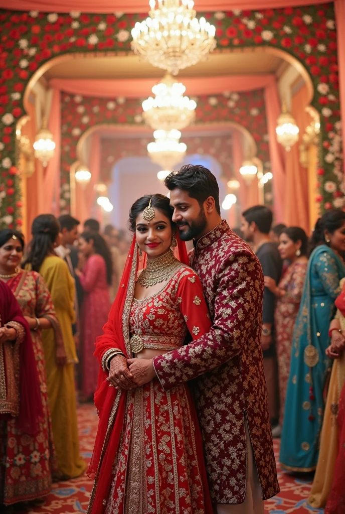 26 year old couple indian wedding, red dress, white salvar kameez short black hair, long black curly hair