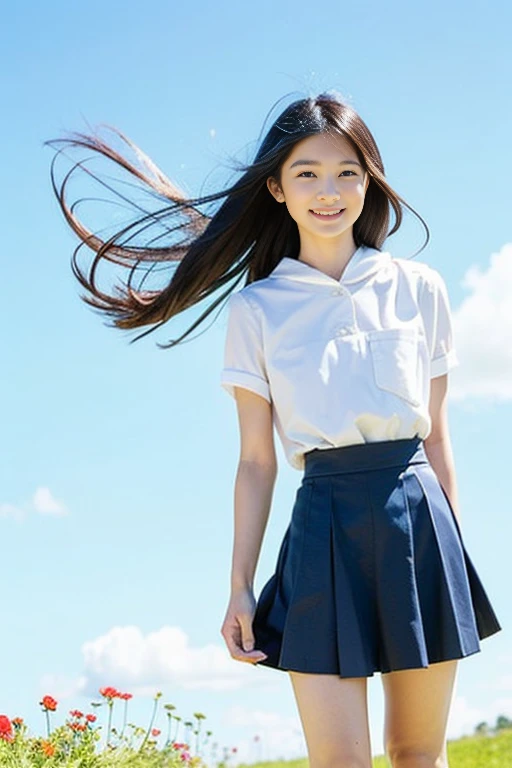 jump big、angle from below、Hair blowing in the wind、typhoon、flip-up skirt、Skirt that flips up、female university student、highest quality、Bokeh、super strong wind、fisheye lens、