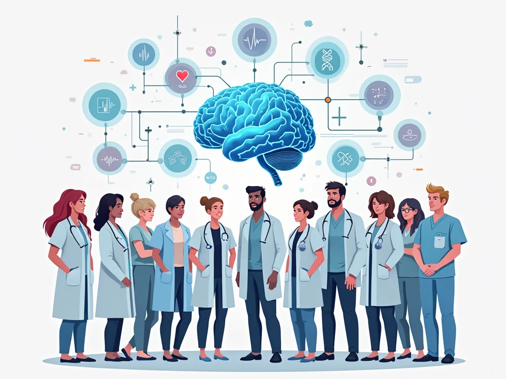 Round photo for Instagram profile. Drawing of a brain being cared for to blossom in the center of the wheel. Characters diversity, animation style, helping to take care of the brain. Mental and physical care. conversation circle sobre o trabalho, Dialogue. Few Doctors. pharmacists, Social workers and receptionists in greater numbers. conversation circle. Equal rights in healthcare work. Mental health.