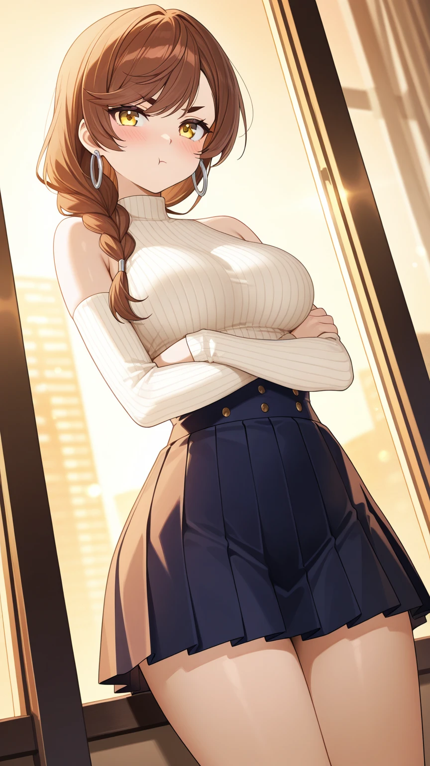 masterpiece, best quality, highres, katalina (granblue fantasy), cowboy shot, outdoors,sweater, ribbed sweater, long sleeves, high-waist pants, city