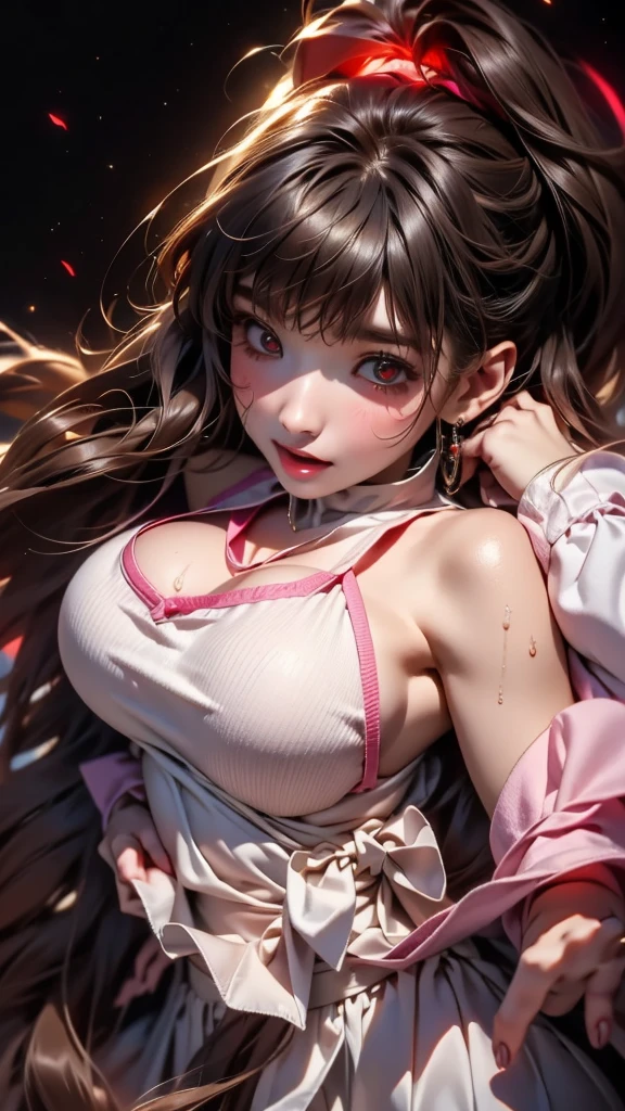 Japanese girl holding her ear, large chest, fleece, edging, covered,ahegao face, medium length black hair, bangs, brown eyes, light pink lips, sharp chin, thin neck, hyper realism, realistic