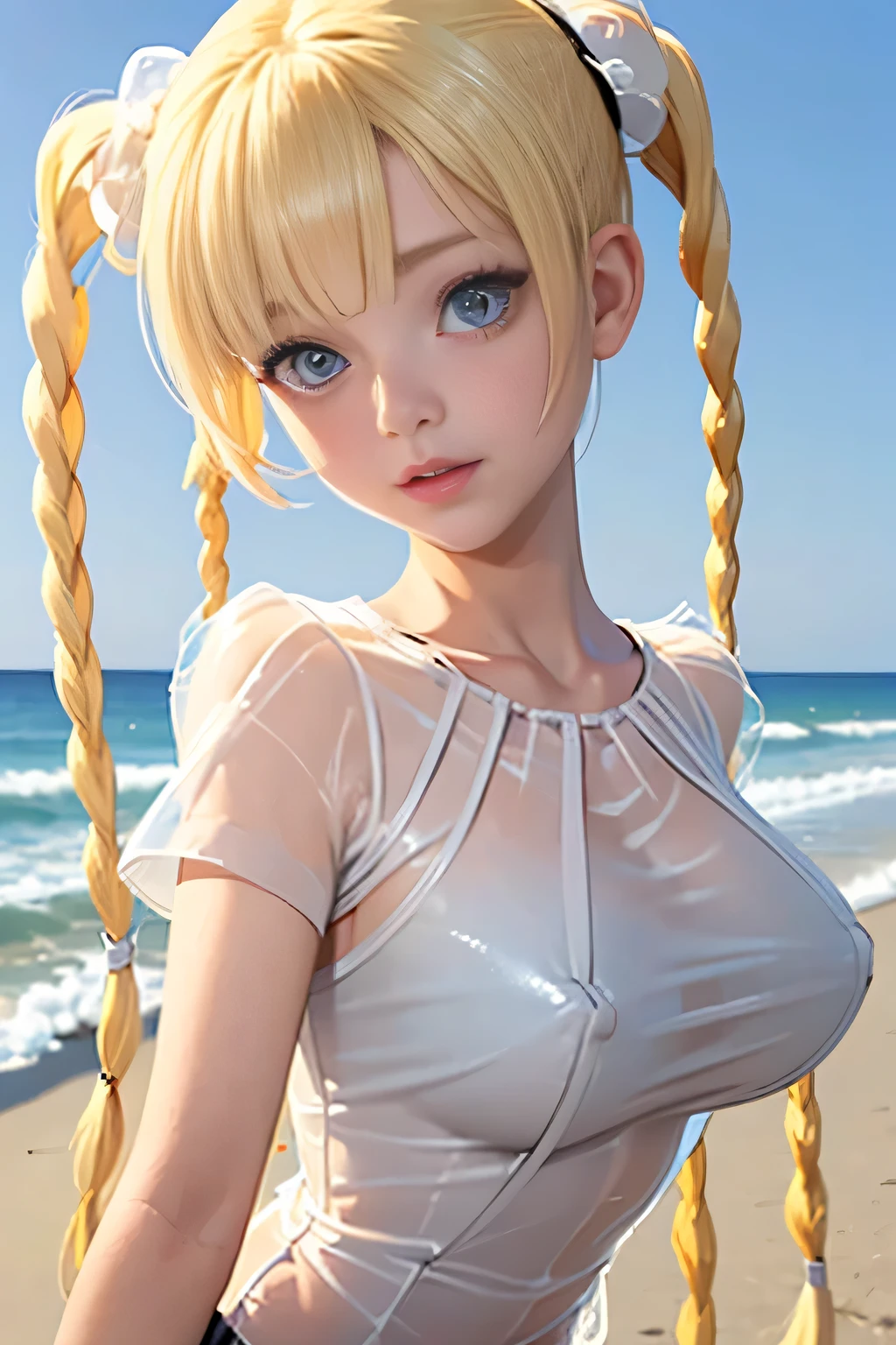 hyperrealistic 14 year old american teen, blonde, little, perfect tiny body, sexy, dark makeup, small choker, perfect slim face, big red lips, very cute face, tiny body, big eyes, young looking, childish looking, wet t shirt