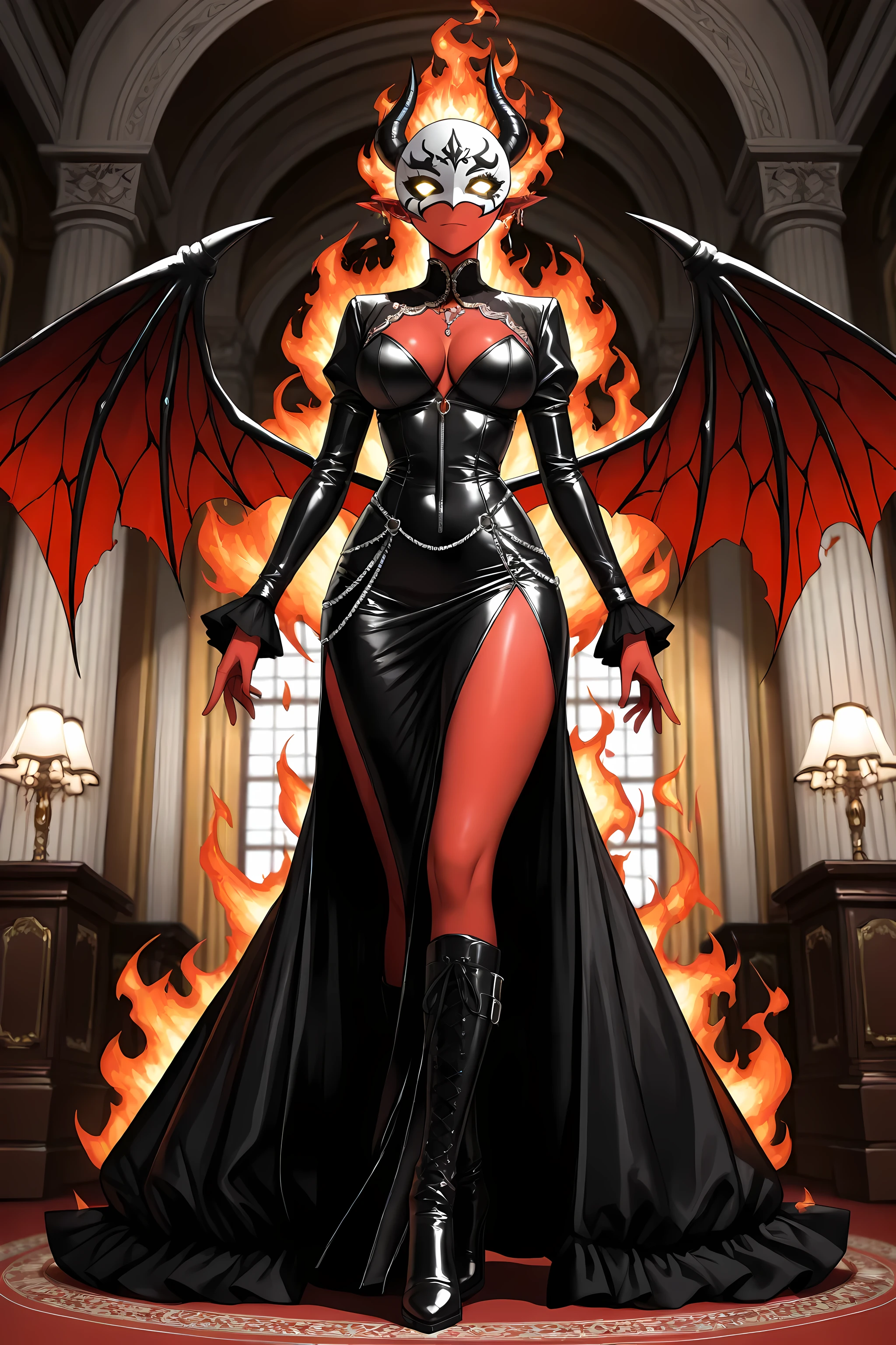 a comic fantasy art of a female devil holding angelic white masquerade mask in a masquerade ball, wearing black leather dress, elegant dress, full body, exotic beautiful female devil , ultra detailed face, best detailed face, ((red skin)), ((fiery glowing eyes)), busty, black bat wings, the mask has angelic features, hiding the devils face, intricate leather dress, glam leather dress, dress on fire, intricate dress, glamour dress, wearing high heeled boots, nobility ball room background, vibrant, Hyperrealism style, vibrant, Ultra-high resolution, High Contrast, (masterpiece:1.5), highest quality, Best aesthetics), best details, best quality, highres, ultra wide angle, 16k, [ultra detailed], masterpiece, best quality, (extremely detailed) RAW, Cinematic Shot