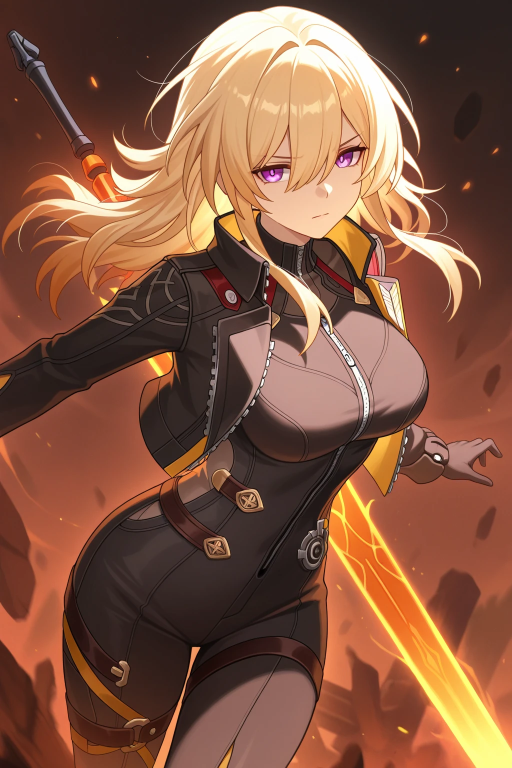 Mlynar(Arknights),yellow hair,animal ears,curvy body,wearing original clothes (half shattered), wielding big rapier, big breast,big thighs, radiant background,midnight setting,nsfw
