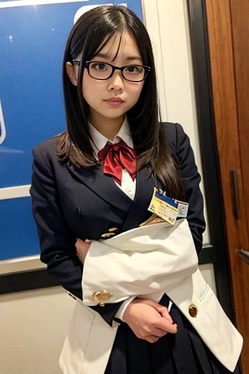 Japanese ID, Mature Woman, ((Chubby round face around 40 years old)), Glasses, Wavy black hair with no bangs, Long Hair:1.65, Big twin ponytail:1.79, Flashy makeup, Fuller lips, Sexy Gaze, Cute Uniform, ((dressing)), looking at the camera, Low angle shooting, Cute duck lips,((Very accurate and correct anatomy)), (masterpiece:1.3), Perfect balance, Realistic photos, Full Shot, whole body, ((height: 148cm)), High heels, loafers, (2 Foot, Two Arms), ((Panty shot)),