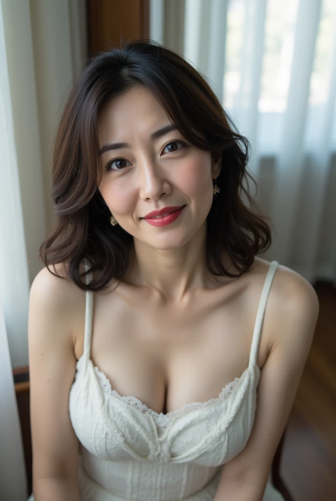 Elegant mature Japanese woman with long eyelashes, Long Hair, Flowing Hair, ((Red lipstick)), Pink blush, Pearl Necklace, Earrings, Dark eyeshadow, Cleavage, (Beige bra), (Beige panties), Beautiful body, Beautiful smile, (Pink Background), Put your chest close, ((Focus on the whole body))