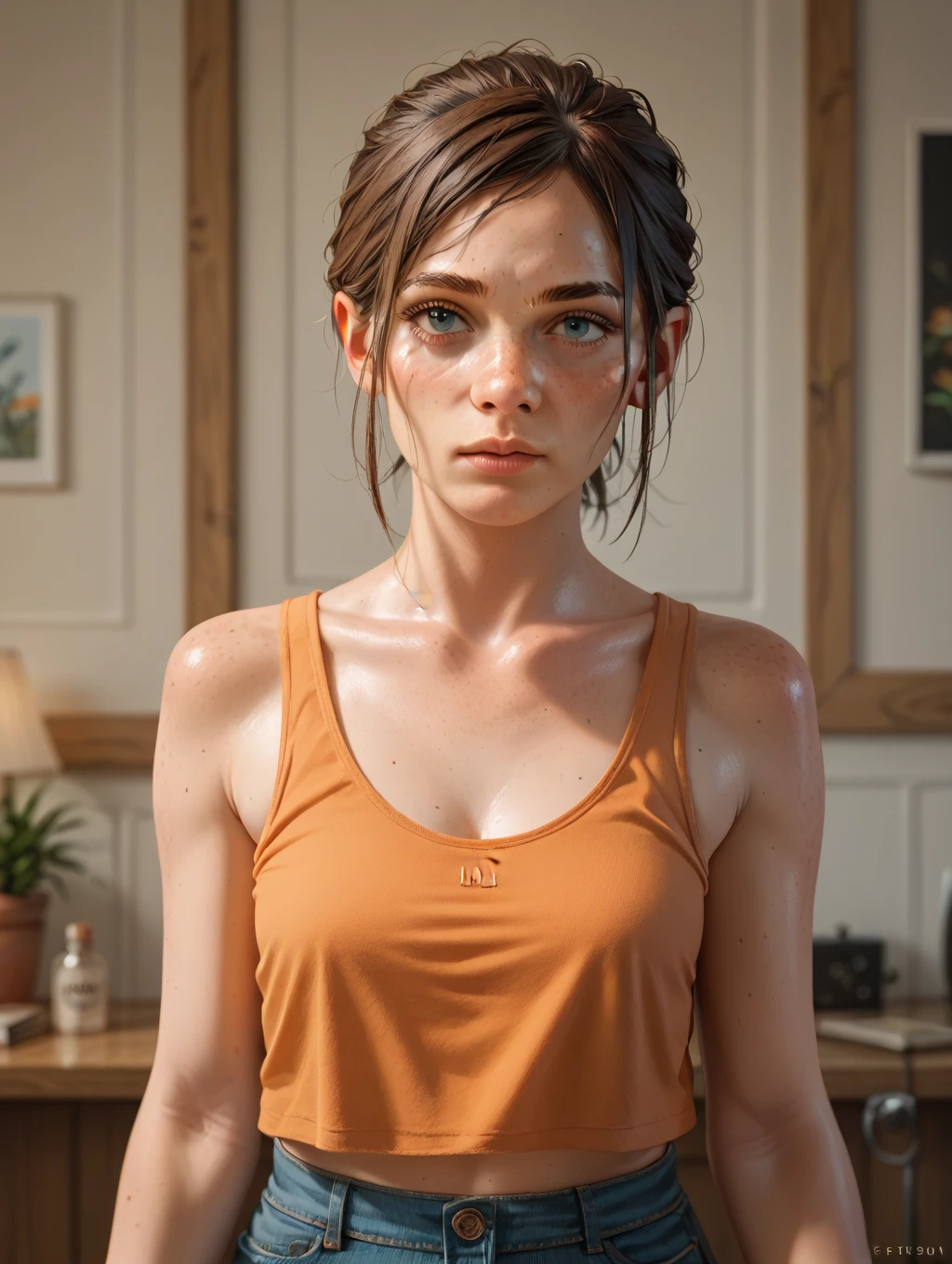 a hyper-realistic portrait of a young woman, inside a forest, in the middle of nature, 22 years old, realistic, (lying on her side), sexy, (huge breasts 2:1), short brown hair, (hair tied with bows), curved, SFW
