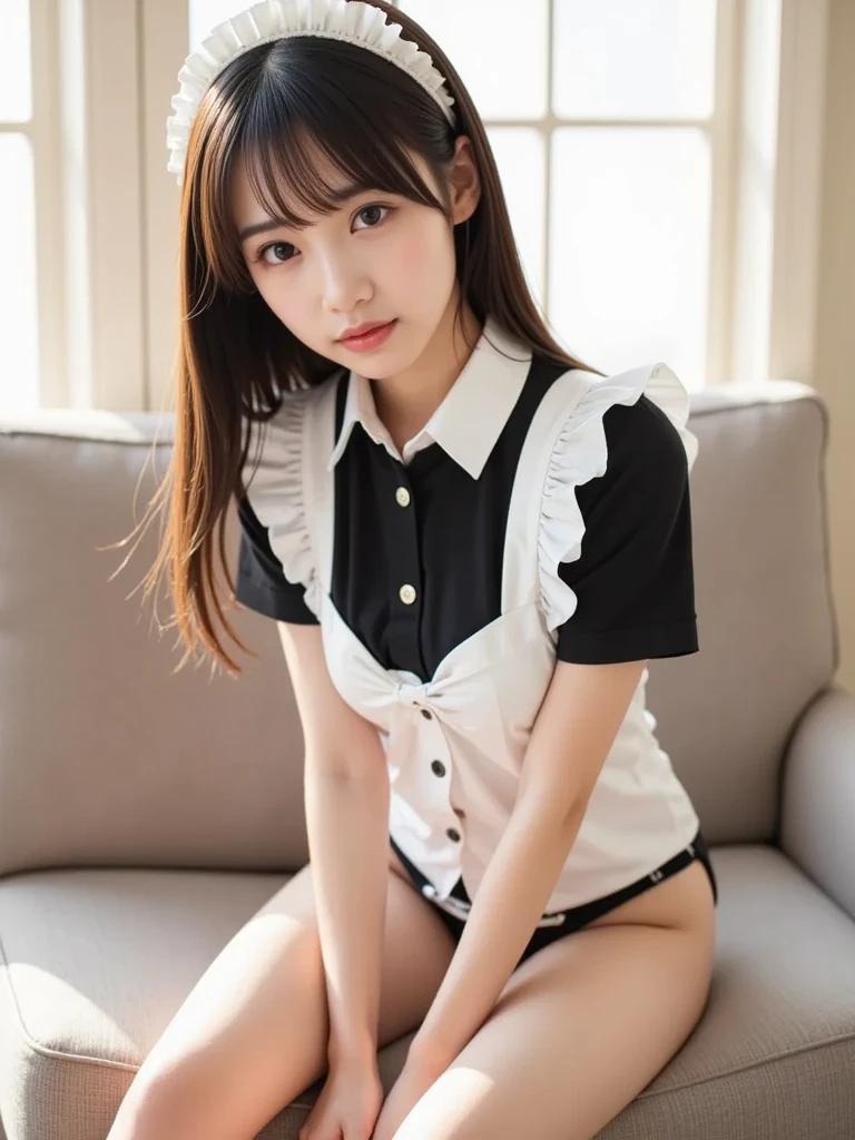 (masterpiece, Highest quality, 8k, High resolution),(Realistic skin texture, Perfect Face, Realistic, Perfect hands, Perfect finger count, Japanese, Girl), (17 years old), Big Eyes, Brown eyes, Light brown hair, bangs, Twin tails, Hair Ribbon, Small face, Smile, (choker, naked, White short sleeve buttoned shirt, Pussy)), living room, Neon outside the window, Leather sofa, Sitting, Alluring pose