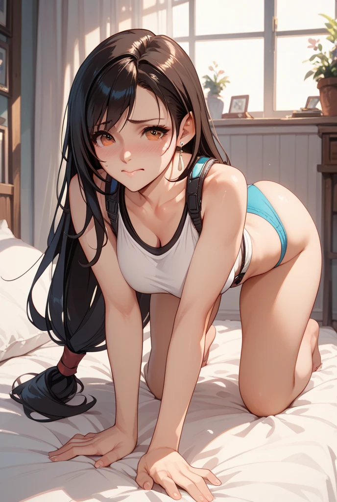1girl, golden brown skin, long black blue hair, ember eyes, wearing tight white swimsuit top, tight white swimsuit bottoms, legs open in a suggestive position, bedroom, absurdres, high res, ultrasharp, K, masterpiece, looking at viewer