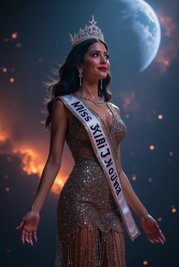 Miss universe, silver evening gown with silk shawl at shoulder left and right, at miss universe stage, wear crown and sash Miss Universe, elegant, beautiful, slim, don't smile, sexy vibes. Sharp eyes, cool, bold make up. Cignature sexy pose.