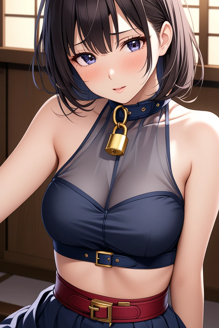 Realistic,Wide Angle,1girl in, Long hair, Shy, embarrassed, blushed, Wide Angle, POV, From  above, Standing, Shackles were placed around the neck, the neck is chained to the wall, (Bra, pantiy), llight rays, Glow, (masutepiece)、Indoor、Modern room、brightly lit room