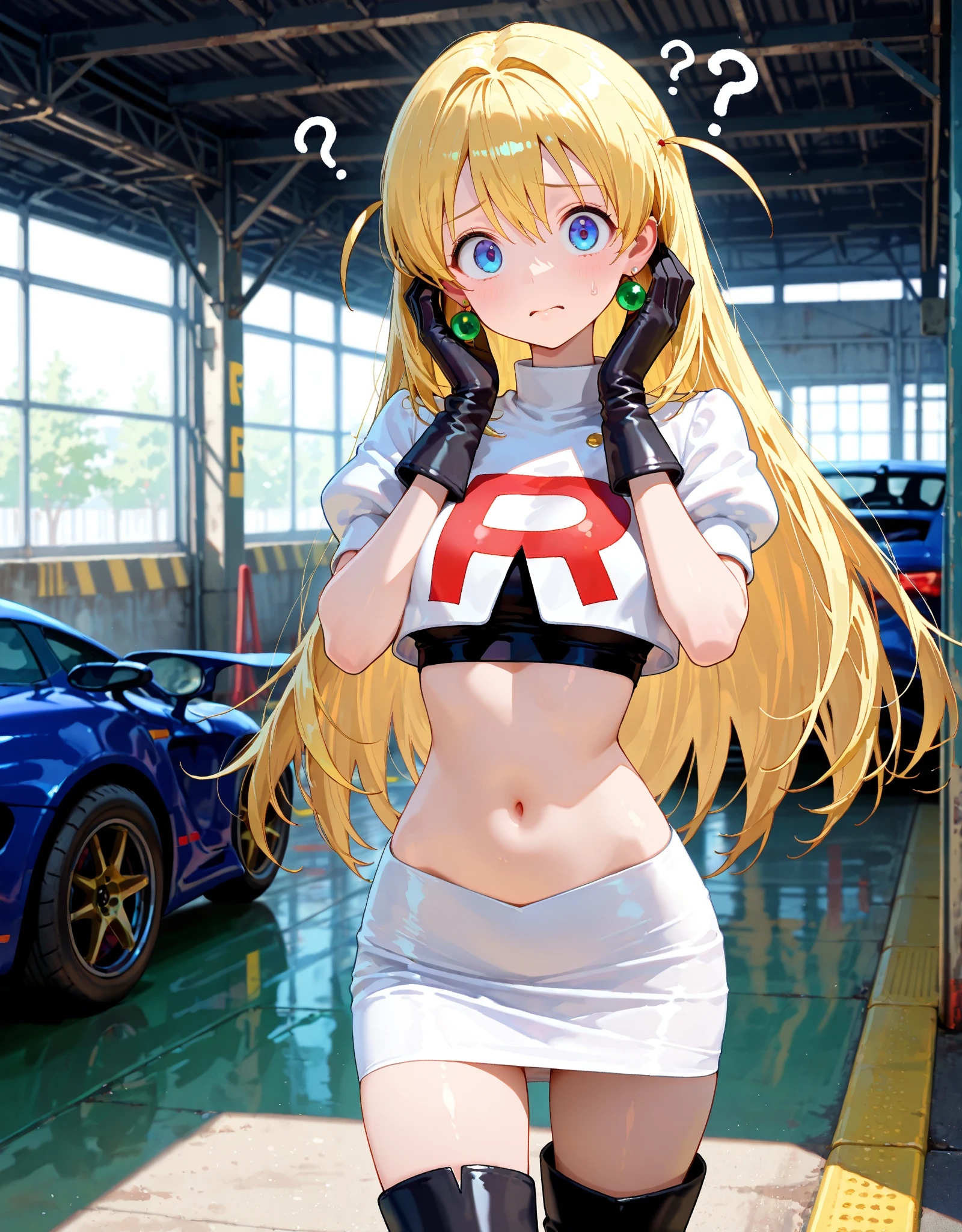 highres, masterpiece, perfect ligthing, bloom, cinematic lighting, , perfect skin, female,1girl,solo, (PrincessPeach), (Princess Peach), (pink and white Jumpsuit:1.5),shiny clothes, Racing suit,cleavage, (loli:1.7) ,(navel),cameltoe,covered nipple,detailled eyes, blue eyes, choker,(makeup:1.6), glossy lips, pink lips,smile,glossy skin,oily skin,beautiful light,cowboy shot,garage,race car ,sweat,steaming body, pubic hair,ponytail