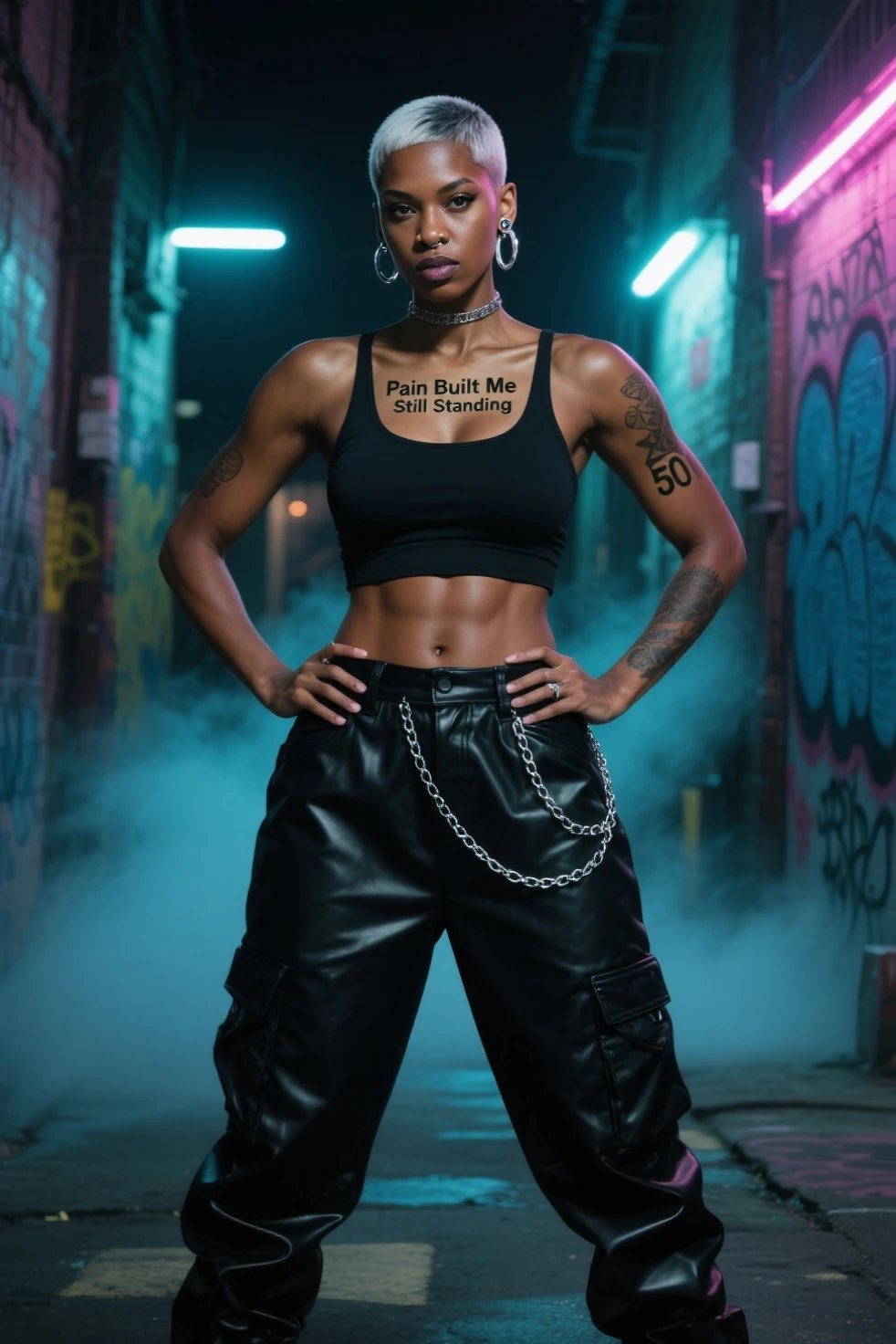 8k, raw photo, 20 years old, gorgeous cute skinny ebony girl, smirk, freckles, (dark skin:1.6), arafed woman with a tattoo on her stomach and arms, with abs, visible belly, fit pic, with tattoos, tattooed body, inked, abs, 20 year old female model, style of ink, visible stomach, half body cropping, sultry body with sexy belly, famous beautiful model, good young girl, (masterpiece:1.0), (photo from the side), (wearing: (white pleated skirt, neon white top, collar)), (best_quality:1.0), ultra high res,4K,ultra-detailed, photography, 8K, HDR, highres, absurdres:1.2, Kodak portra 400, blurry background, bokeh, lens flare, (vibrant_color:1.2),professional photograph, (the_tattoo:1.4), (beautiful_face:1.5),(narrow_waist).