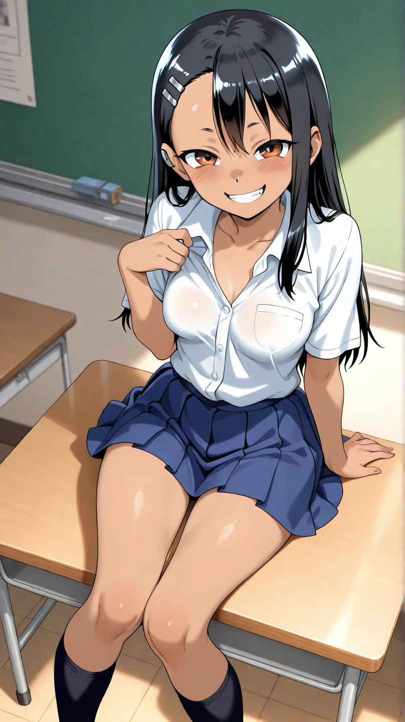 nagatoro hayase, blue mini skirt, cleavage, thick legs, perfectly detailed hands, Extremely detailed eyes, small breasts, (from below:1.2), bent over, grin, blush, best quality, masterpiece, perfect lighting, arms behind back, big ass, back view, face, super sexy, detailed crotch, sitting in the classroom chair,