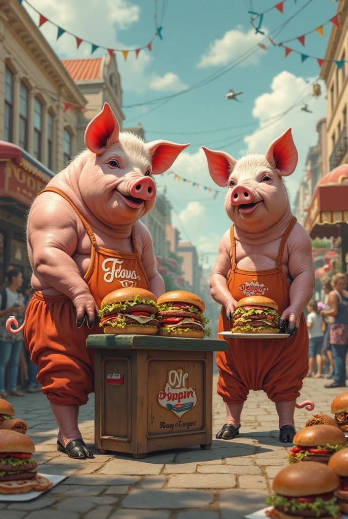 solo, two headed masculine pig, laughing, brow furrowed, by rembrandt, identical:1.9, obese, old, thick necks, garage background, eyes closed, , , ,  , , navel, sitting on couch, thick white beard, birds eye view, holding beer bottles, dirty, disgusting, gross, ugly