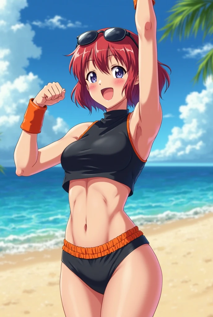 ((female)), (very messy hair), (happy smile), fangs, ((ripped abs)), toned arms and legs, small boobs, excessive sweating, (summer beach scenery), playing with beach ball, blue eyes, yacht in background,