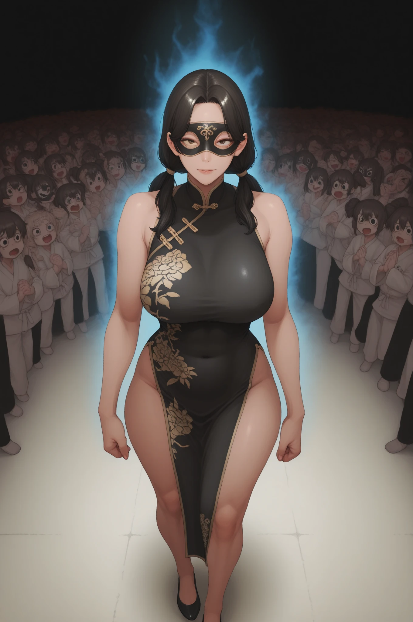 , beautiful girl with fair skin, black hair, black eyes, wearing a lustrous black dress that highlights her wide hips, wide shoulders, and big breasts, cleavage, and big ass. She is wearing open-toe heels with red painted toenails and nails. She is a tall girl standing in a crowd, with an ethereal, score_10, ballad-like atmosphere, in a 2.5D style.