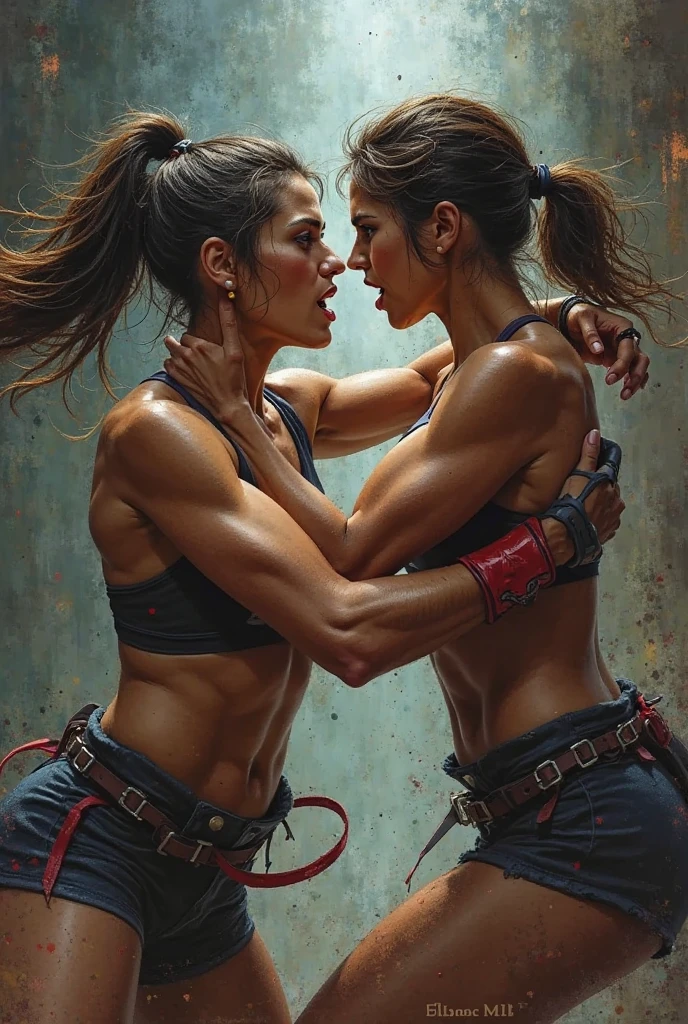 (Masterpiece, best quality), (2girls), (Two gorgeous 30 year old brunette American women staring at each other), (boxing gloves), ((topless, NSFW, perfect breasts)), tight leather jeans, muscular body, fitness model body, private boxing gym, ready to fight, serious face, (big butt), ((full body))