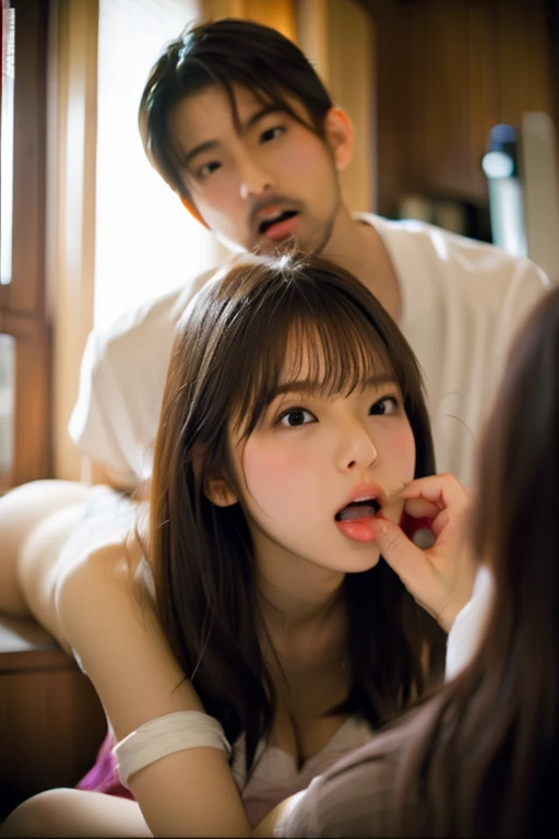 8k、cute、Adult Girls、detailed、((A girl is having sex with a guy'), (((A man inserts his penis into a woman'vagina)))、(((Female masturbation)))、High-resolution images, Realistic eye size, Realistic Skin, Droopy eyes, smile, (Mr...々Feminine casual dress with a simple pattern), (Spread your legs, 非常にdetailedな, Panties with a realistic texture), Strong sunlight, Braiding, (Old Fashion), Skyscraper, Arch Hip,